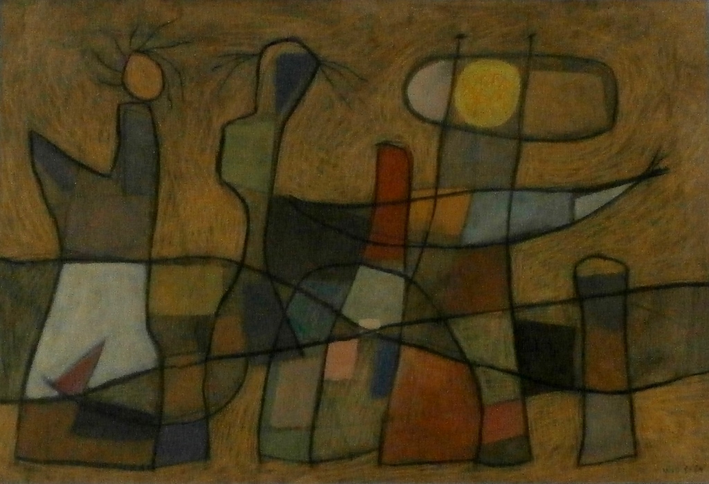 Will Leewens - Houtskool/pastel: figuren en zon - 1984 verkocht voor € 1150!