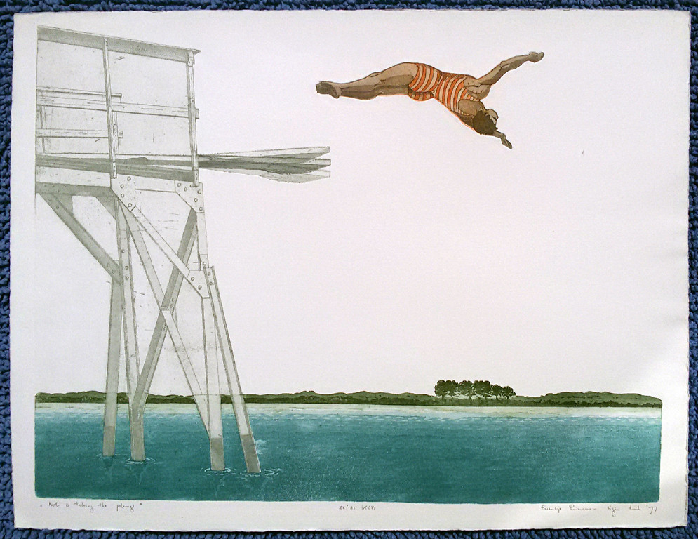 Leentje Linders - Bob is taking the plunge, aquatint ets met reliëfdruk kopen? Bied vanaf 70!
