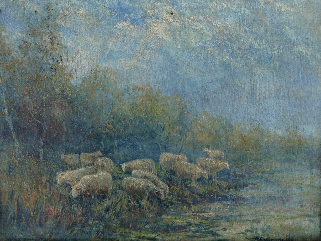 Onduidelijke signatuur : Olieverf op doek, Schapen – ca 1950  kopen? Bied vanaf 1!