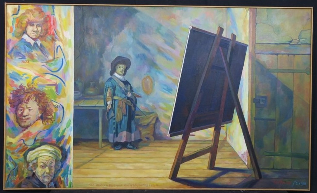 Jan van Holthe: Olieverf op doek, Atelier de Rembrandt - Ingelijst (Zeer groot) kopen? Bied vanaf 200!