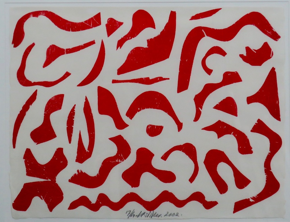 Carel Visser: Houtsnede, Zonder titel (rood) - Ingelijst kopen? Bied vanaf 120!