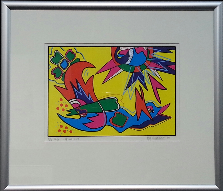 MArianne Naerebout, zeefdruk met lijst , titel " Young Bird " verkocht voor € 45!