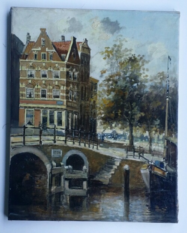 Onbekend, Olieverf op doek, Gracht in Amsterdam. verkocht voor € 65!