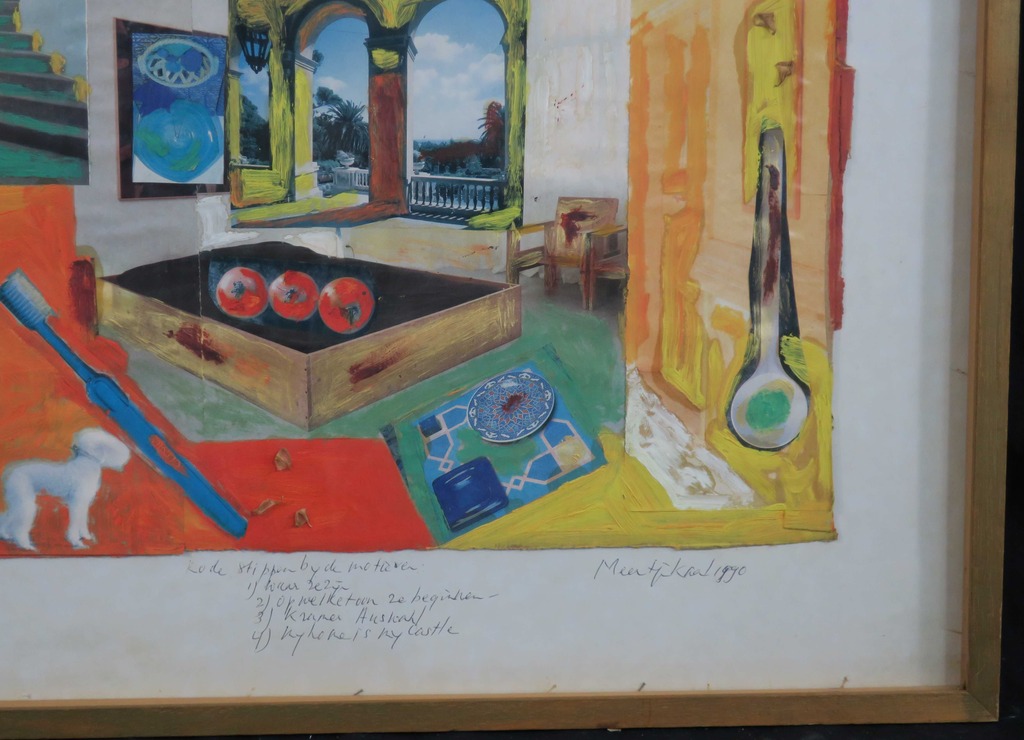 Meertje Kaal: Acryl en collage op karton, Rode stippen - Ingelijst kopen? Bied vanaf 1!