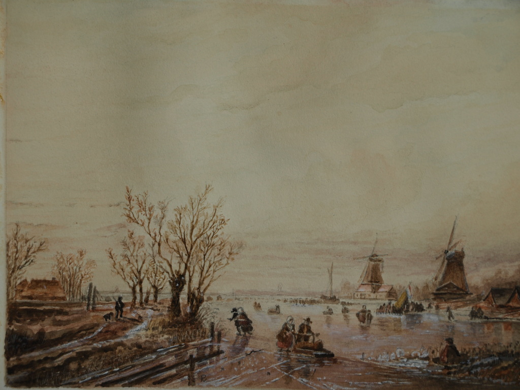 Onbekende kunstenaar – Gouache – Winterlandschap – Gesigneerd “R” – Oud kopen? Bied vanaf 1!