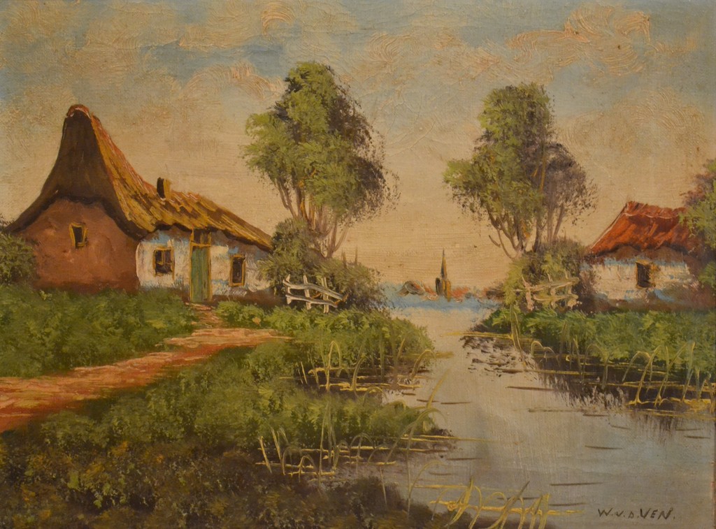 W. v/d Ven - Olieverf op doek - Boerderij aan het water kopen? Bied vanaf 1!