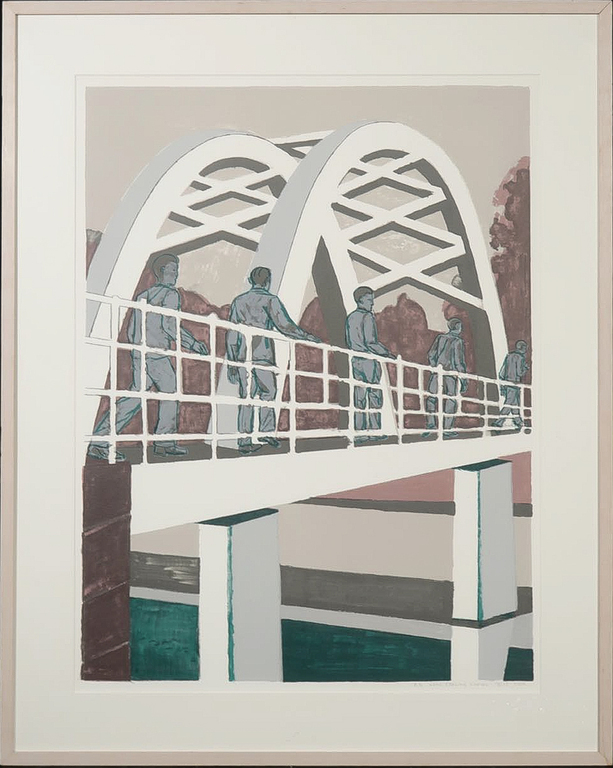 Hans Ebeling Koning: Zeefdruk, Brug rechts - Ingelijst kopen? Bied vanaf 1!