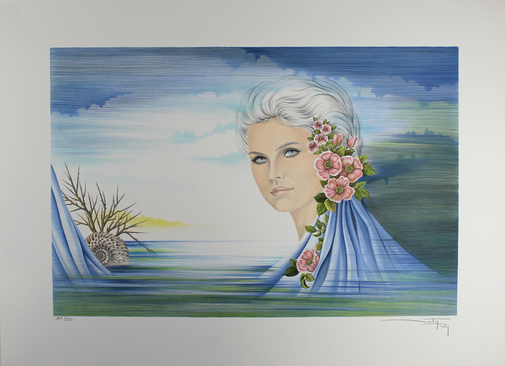 PIERRE BERTIN -FEMME AVEC FLEURS AU CHEVEUX, lithografie, handgesigneerd kopen? Bied vanaf 1!