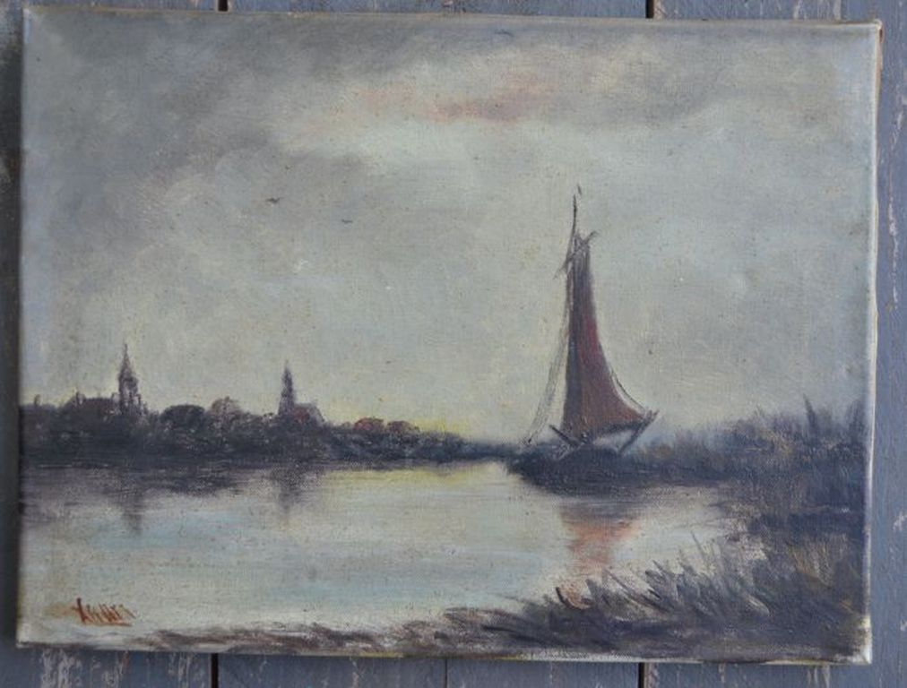 Onbekend: olieverf op doek, bomschuit op rivier kopen? Bied vanaf 1!
