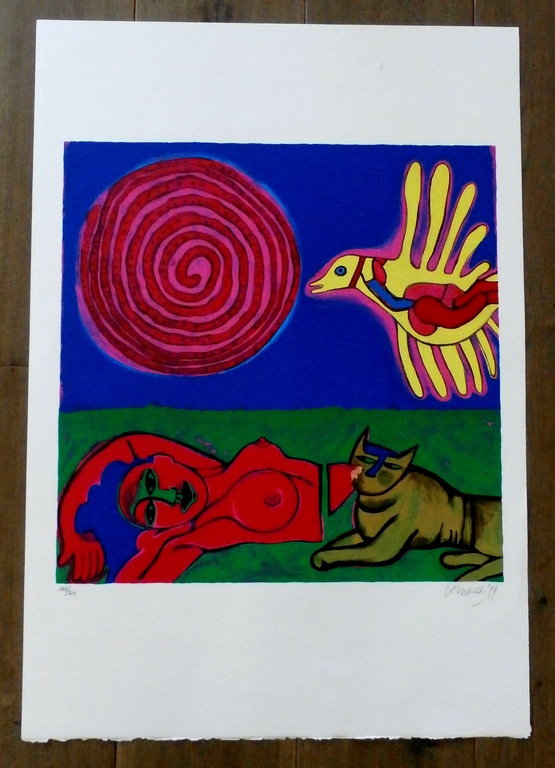 Corneille - zeefdruk: Femme, oiseau et chat - 1999 kopen? Bied vanaf 250!