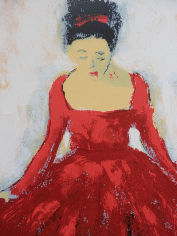 JOSE van GOOL   Zeefdruk   DAME IN RODE JAPON  Handgesigneerd verkocht voor € 35!