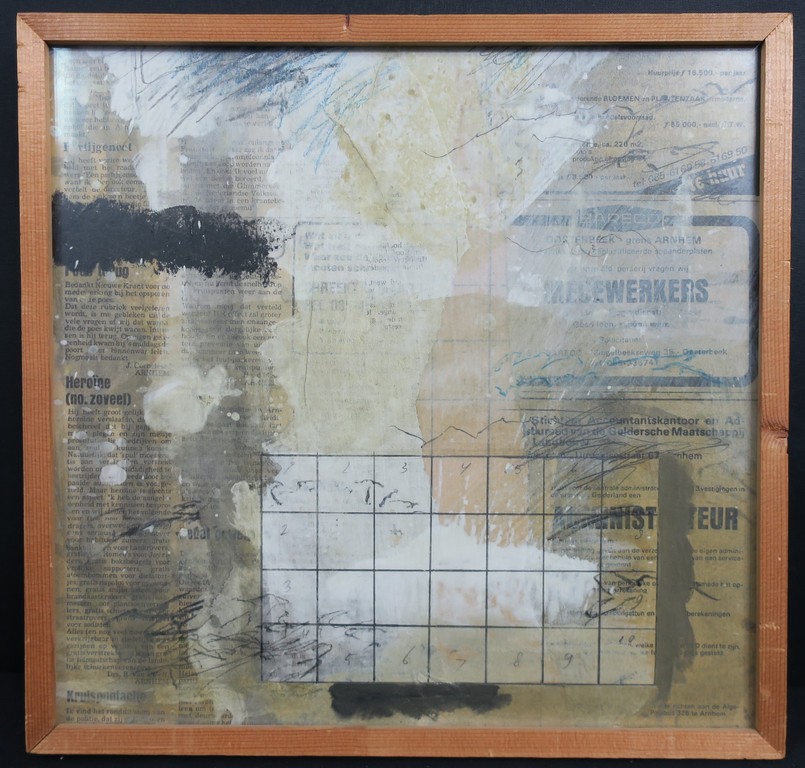 Christiaan Paul Damste: Collage op krant, Z.T. - Ingelijst verkocht voor € 100!