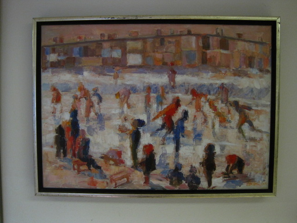 Oud olieverf op doek schilderij "IJspret" onduidelijk gesigneerd omstreeks 1950  verkocht voor € 70!