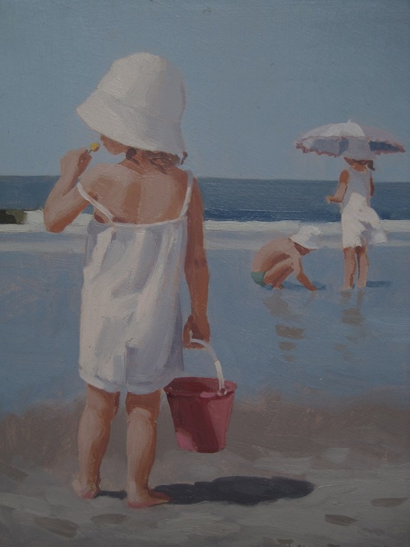 Jan Engel - olieverf - "strandplezier" - verstild realisme gesigneerd  kopen? Bied vanaf 1!