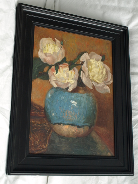 Onduidelijke signatuur : Olieverf op paneel – Pioenrozen – ingelijst  kopen? Bied vanaf 1!