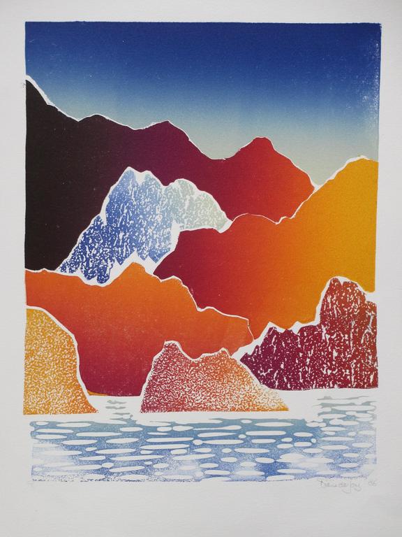 Frans de Jong, Berglandschap aan water, Kleurhoutsnede verkocht voor € 55!