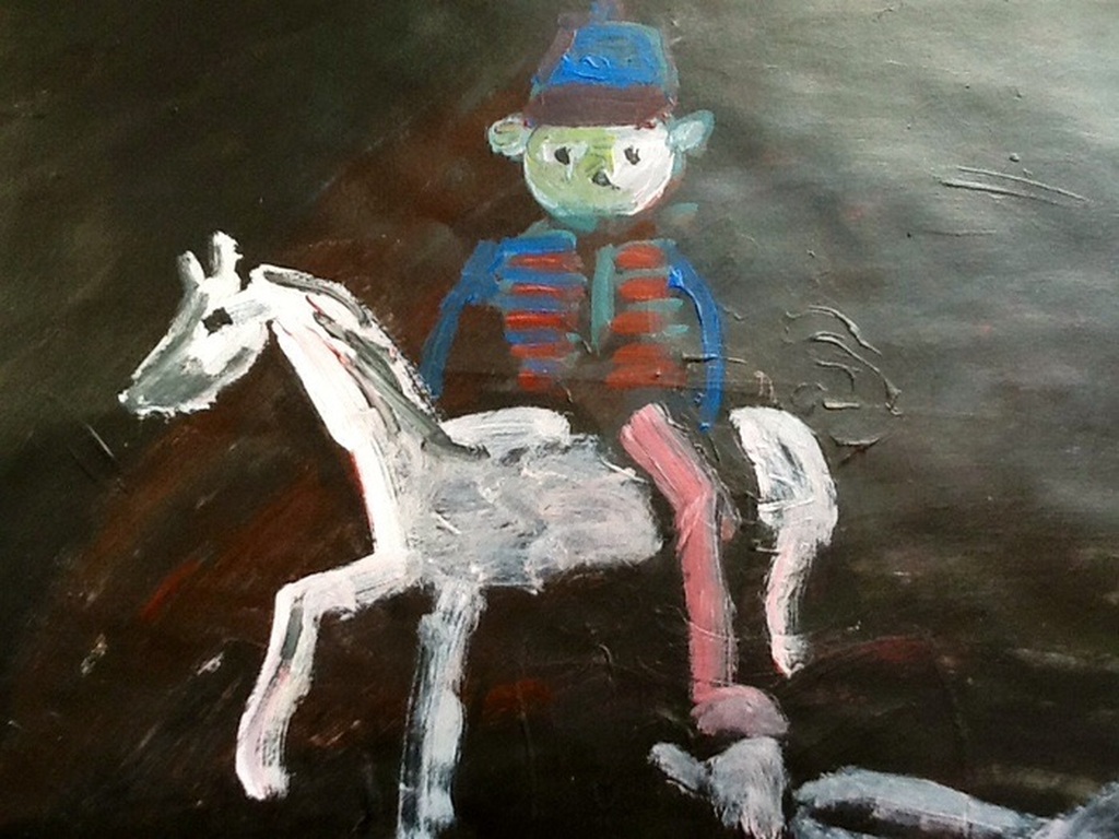 Ruven Levav ,Teddybeer op paard, grote gouache verkocht voor € 45!