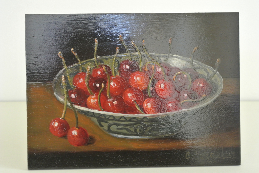C. Cornelisz. Olieverf op paneel, Kersen in schaal. kopen? Bied vanaf 95!