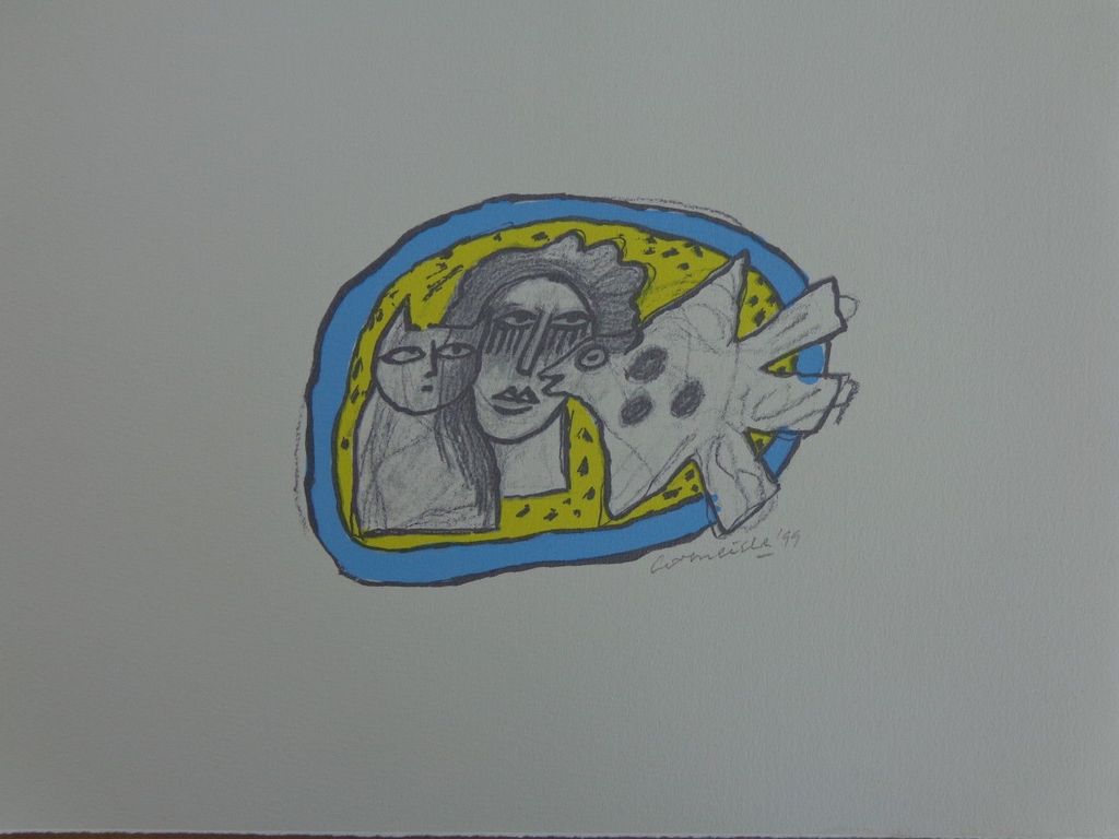 CORNEILLE (1922-2010) / VROUW, VOGEL & KAT / KLEURLITHO / 30x41cm / SIG / 1999 kopen? Bied vanaf 1!