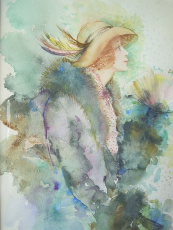 Gesigneerde aquarel - VROUW MET HOED  verkocht voor € 85!