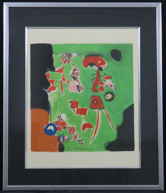 Corneille: Litho, Compositie met beesten en figuren III - Ingelijst verkocht voor € 225!