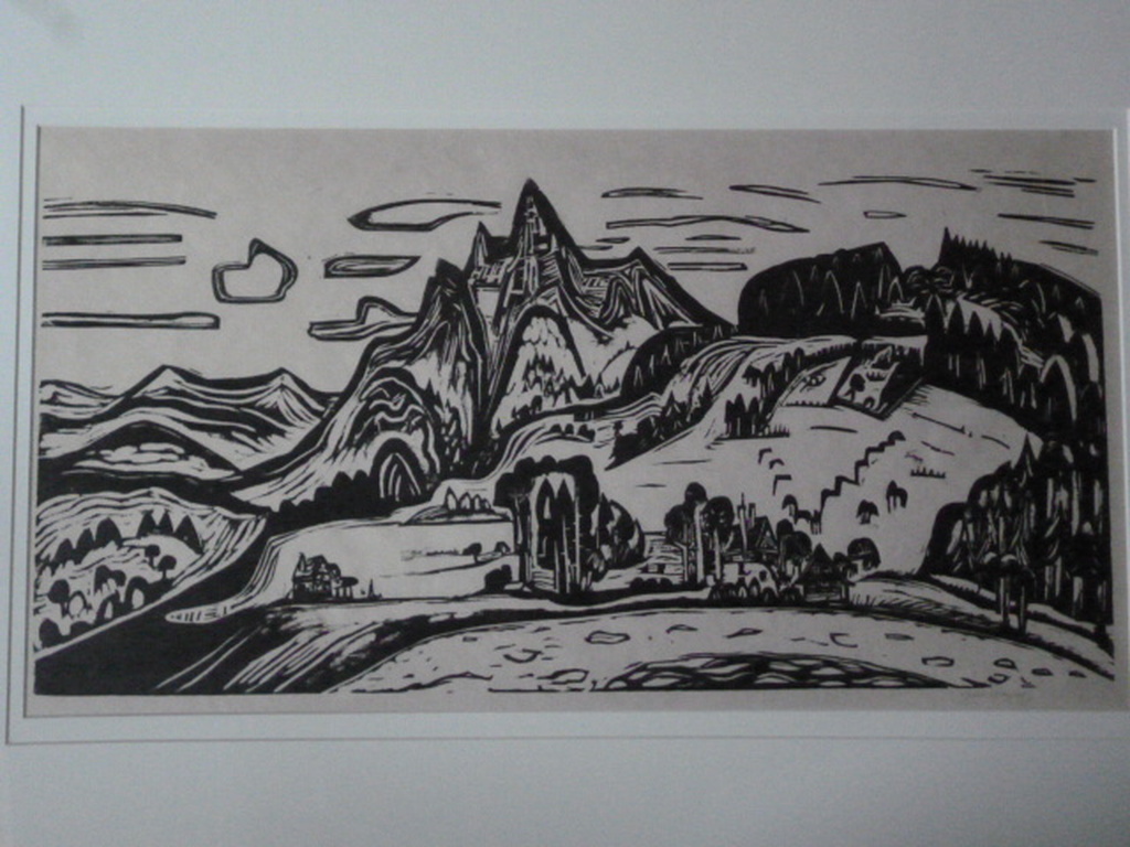 Jan Wiegers - Houtsnede - Berglandschap met huizen en een meer verkocht voor € 130!