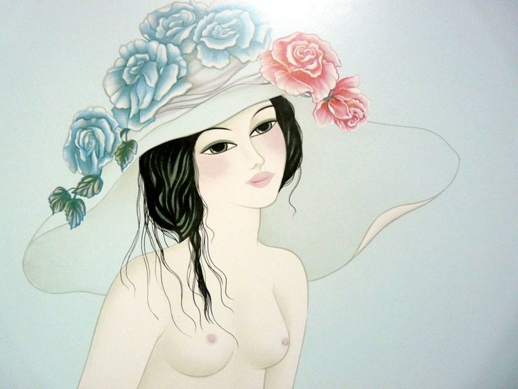 Mara Tran-Long, 'Nu Aux Roses Bleues' - lithografie, gesigneerd, oplage 300 ex. kopen? Bied vanaf 1!
