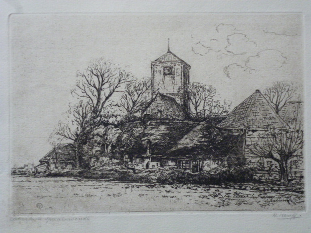 Herman Heuff - ets - Kerkje te Spaarnwoude verkocht voor € 40!