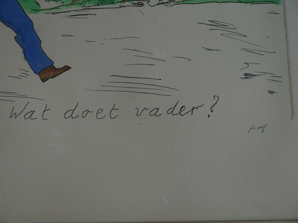 Pieter Holstein : Ingekleurde ets – Wat doet vader? – ingelijst – ca 1975 kopen? Bied vanaf 1!