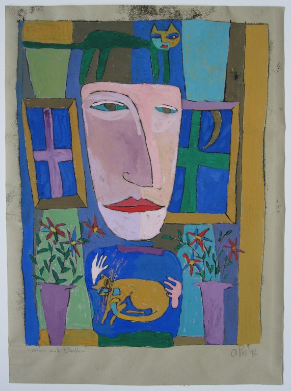 Annemiek Vos, Gouache, ''Man met 2 katten'' verkocht voor € 50!