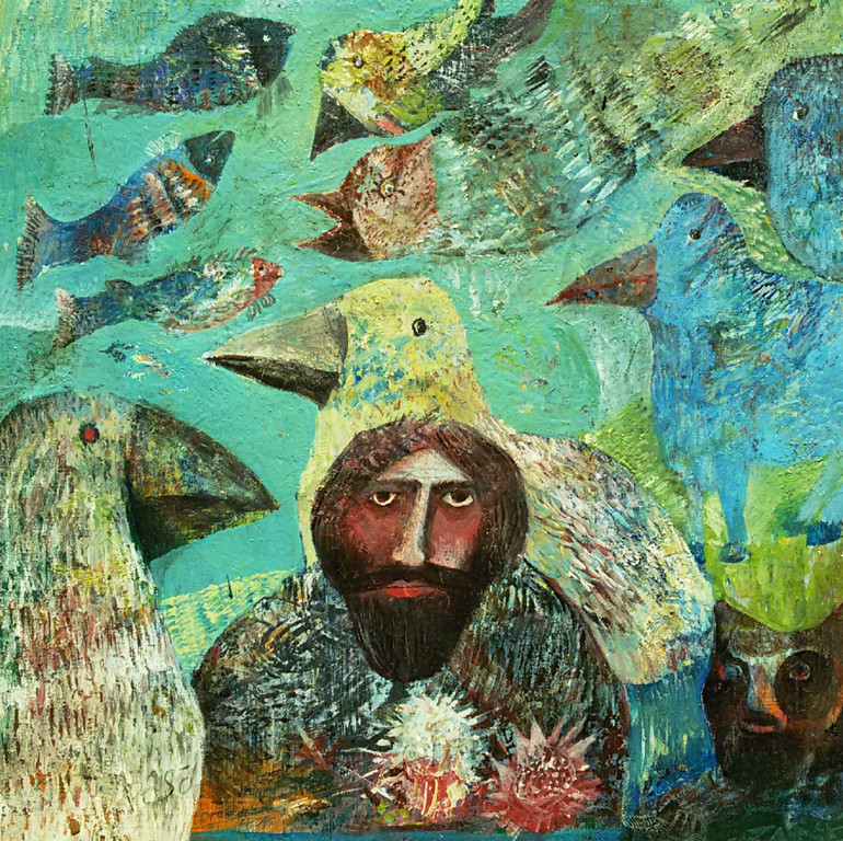 Poso Shahidi - Man tussen vogels en vissen, olieverf op paneel (ingelijst) kopen? Bied vanaf 50!