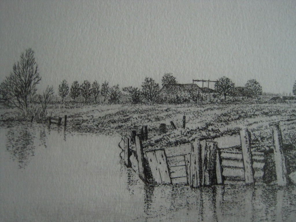 Bijzondere triptiek Ets "Waterland Noord Holland"  Wim van der Mey (1949-) gesig verkocht voor € 55!