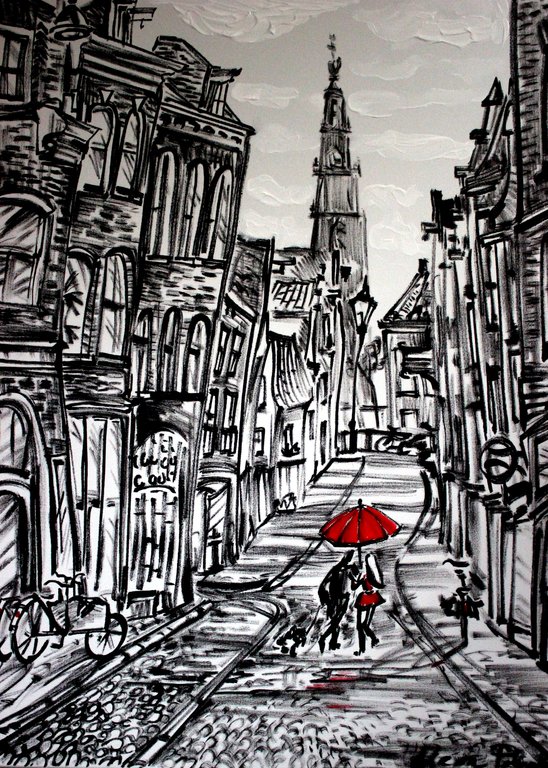 Elena Polyakova: Acrylverf , Een straat met Westerkerk in Amsterdam kopen? Bied vanaf 95!