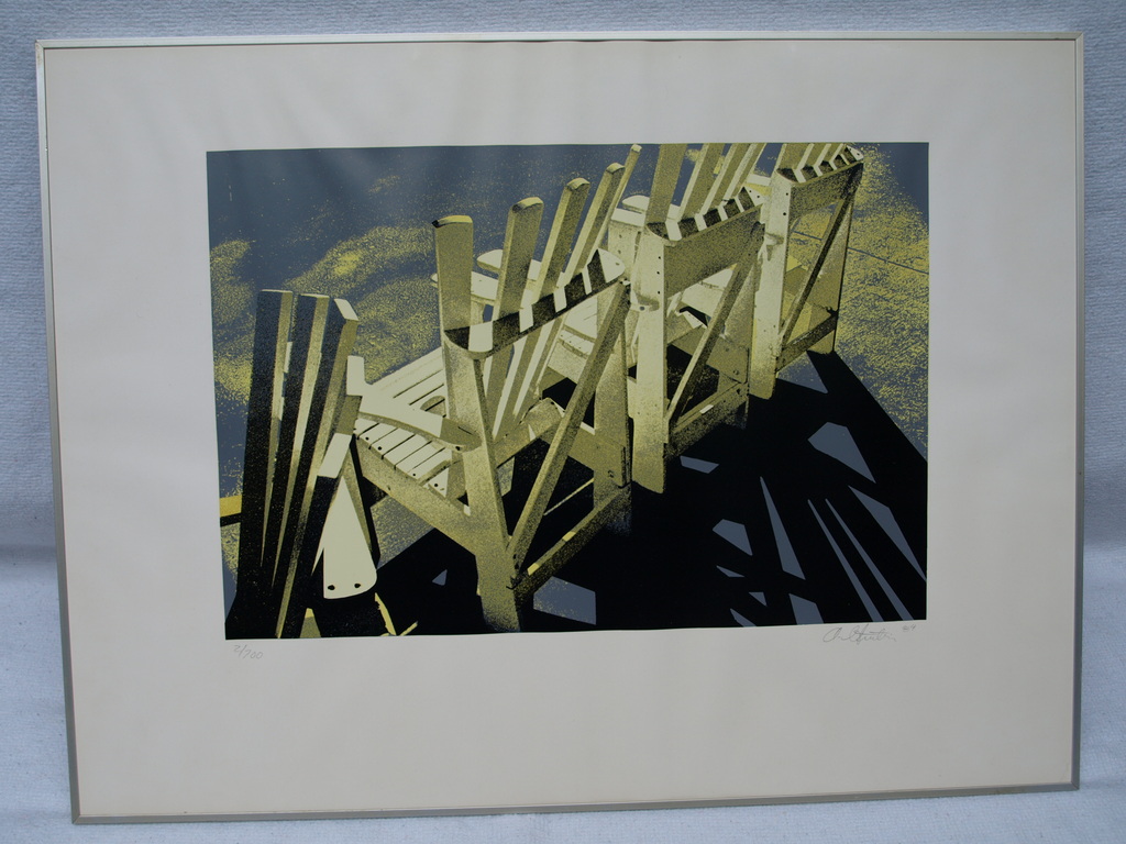 Zeefdruk  – Strandstoelen – Ingelijst – oplage 100 – 60 x 45 cm kopen? Bied vanaf 20!