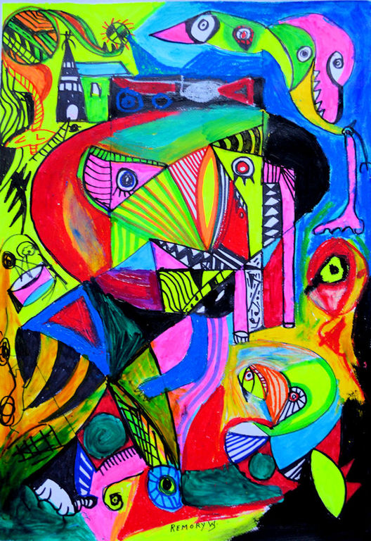 In het dorp. gemengde techniek op papier-handgesigneerd plus certificaat verkocht voor € 120!