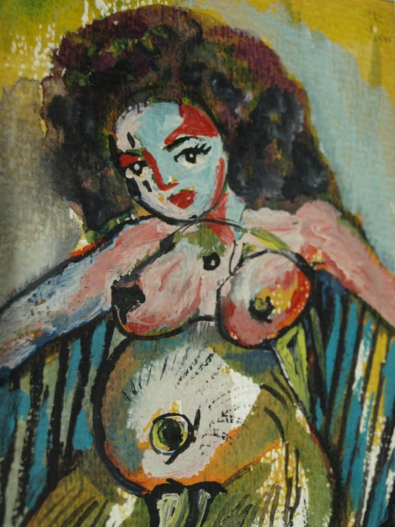 Kunstenaar onbekend : Gouache – Vrouw/Hond/Eend – Ingelijst- COBRA  kopen? Bied vanaf 1!