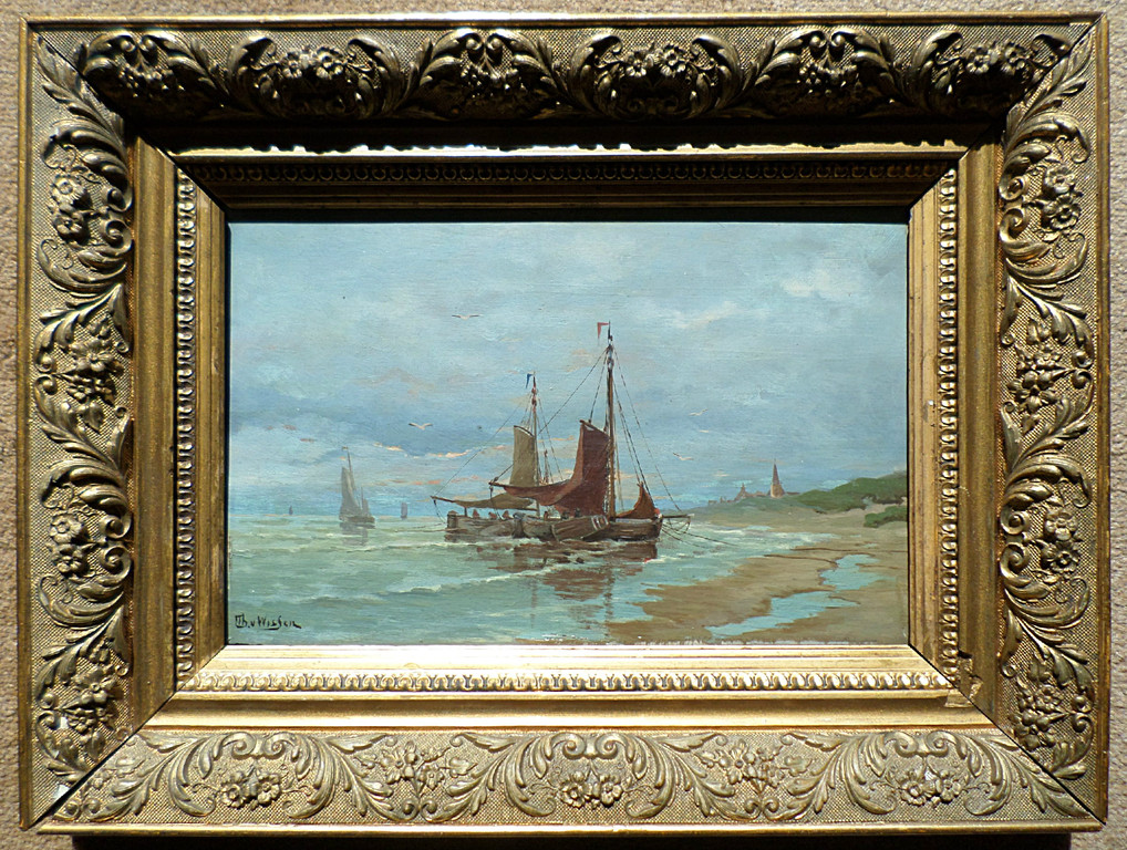 Thomas van Wissen - Bomschuiten aan het strand, olieverf op paneel (ingelijst) kopen? Bied vanaf 140!