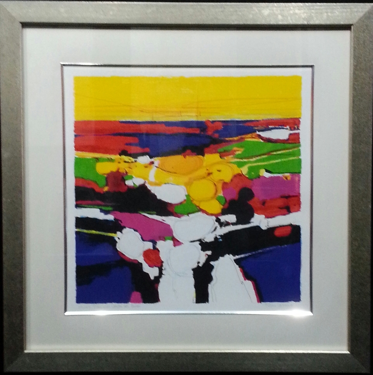 Frank Lejeune, zeefdruk op papier in goudkleurige houten lijst, Titel: "First visit Veules les roses" verkocht voor € 50!