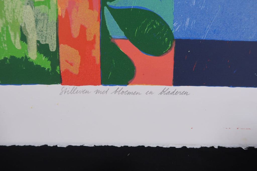 Fenneke van der Elst: Zeefdruk, Stilleven met bloemen en bladeren kopen? Bied vanaf 1!