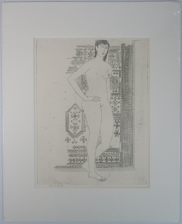 Theo Beerendonk: Ets, Naakt staand tegen gedecoreerde achtergrond, incl. boek kopen? Bied vanaf 100!