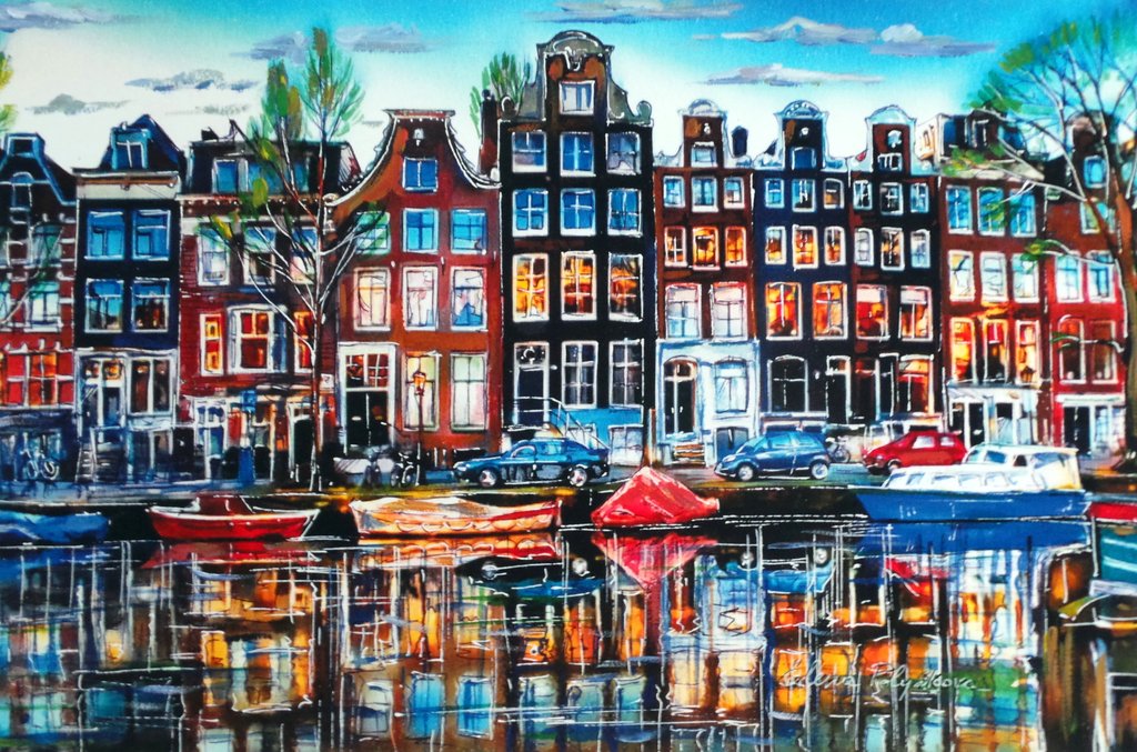 Elena Polyakova:   Een gracht in Amsterdam, Gemengde techniek verkocht voor € 100!