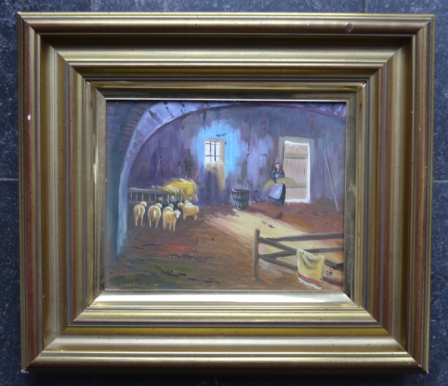 Onbekende kunstenaar (gesigneerd): olieverf op doek, boerin en schapen in stal kopen? Bied vanaf 1!
