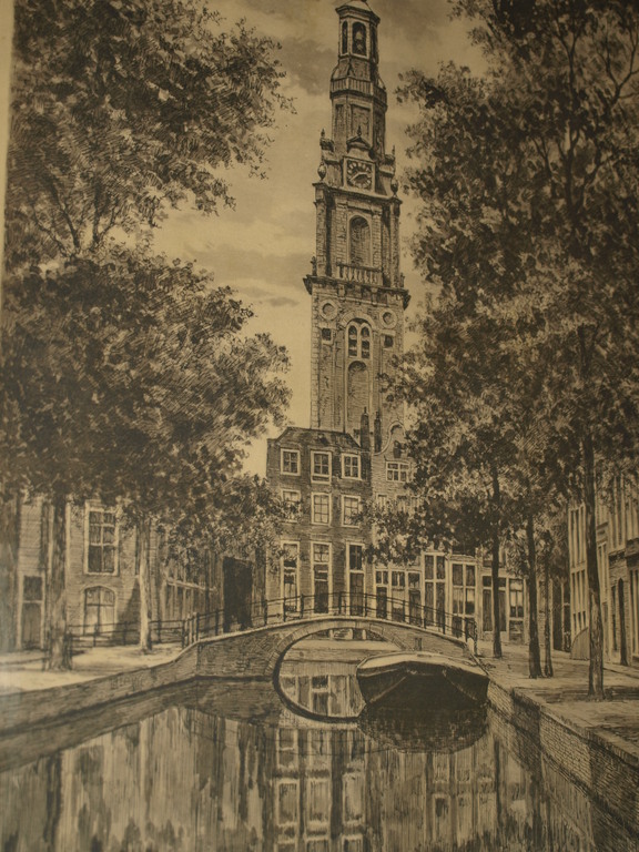 Ets of prent – Zuidertoren Amsterdam – Ingelijst - Oud kopen? Bied vanaf 1!
