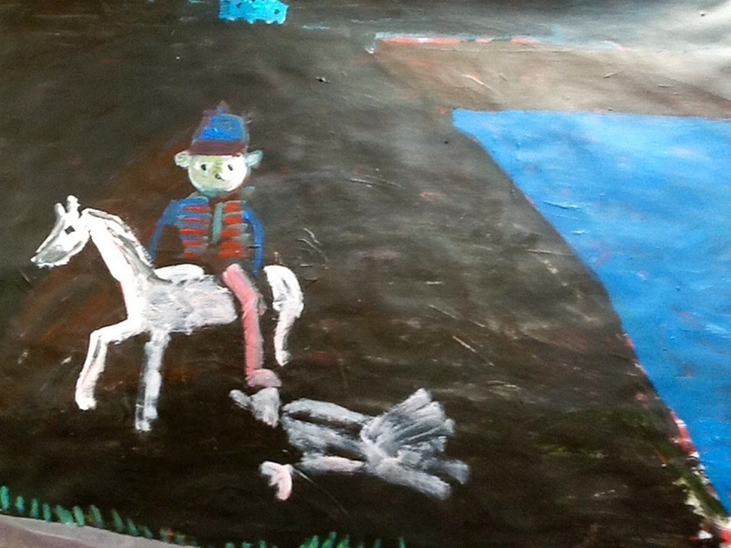 Ruven Levav ,Teddybeer op paard, grote gouache kopen? Bied vanaf 45!