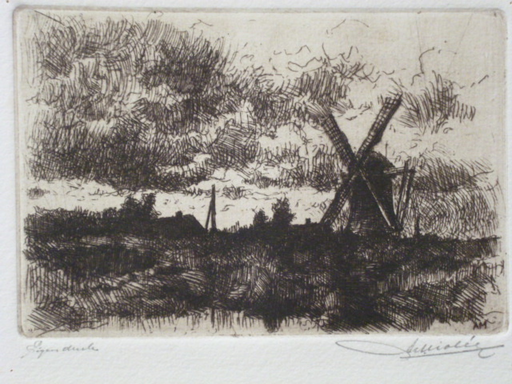 Adrianus Miolée - ets - Landschap met molen verkocht voor € 40!