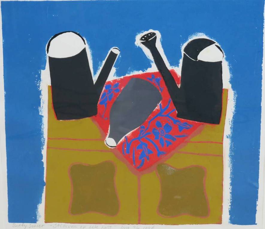 Betty Scheer: Lino, Stilleven op gele kast - Ingelijst verkocht voor € 70!