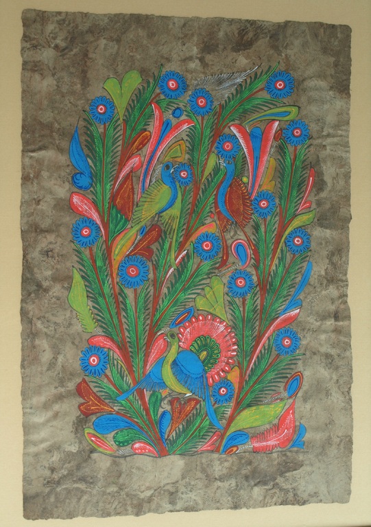 Onbekende kunstenaar : Acryl op zelfgeschept papier , Pauwen – ingelijst kopen? Bied vanaf 1!