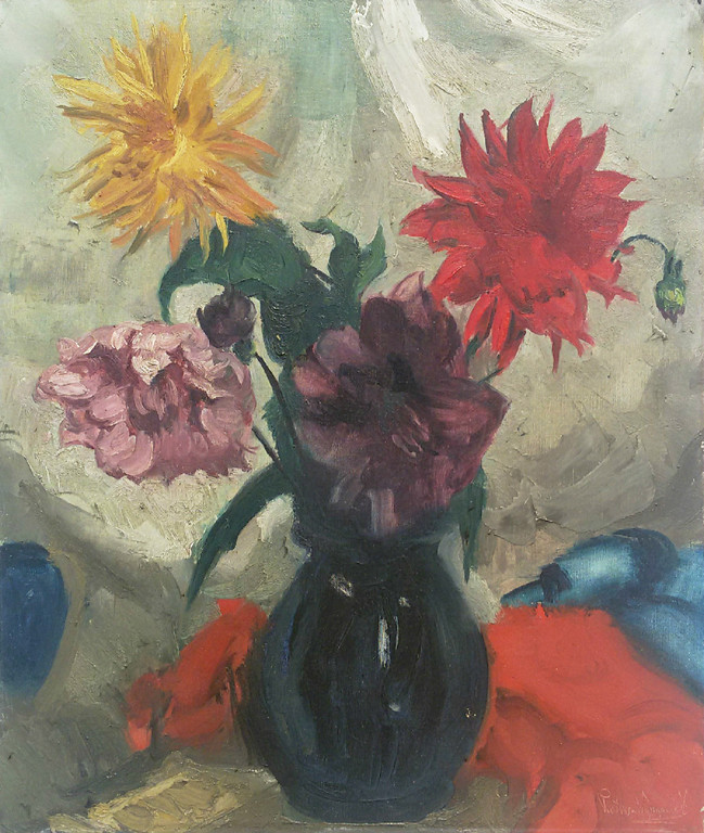 Piet van Wijngaerdt - Dahlia’s, olieverf op doek (ingelijst, groot) verkocht voor € 650!