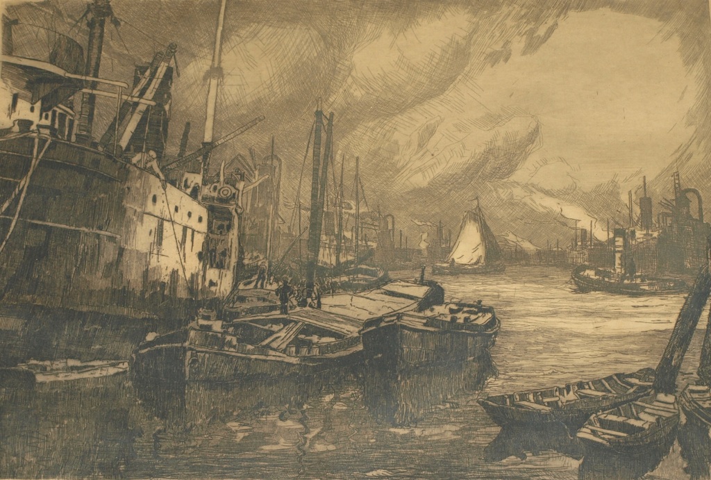 Jan Sirks (1885-1938) : Ets – Haven Rotterdam – Gesigneerd & ingelijst – ca 1930 verkocht voor € 50!