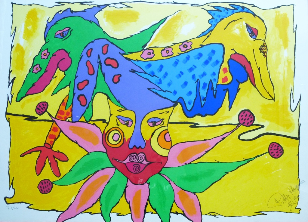 Patty Harpenau, grote zeefdruk: Got birds on my mind, handgesigneerd , 1992 verkocht voor € 150!